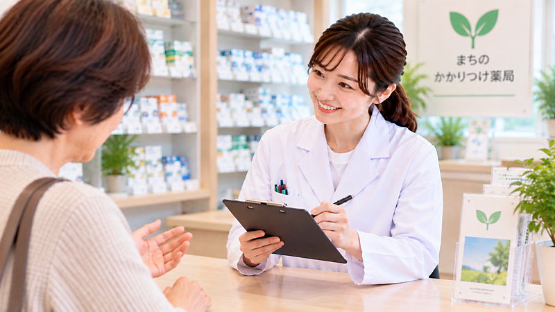カウンターで薬剤師がお客さまの相談を聞いている様子